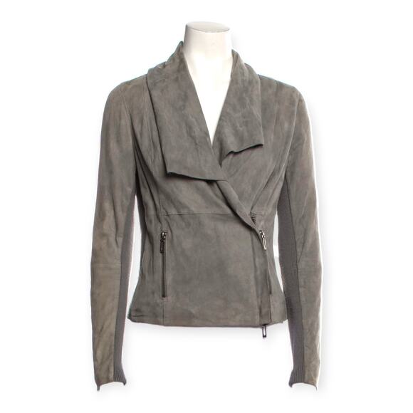 VINCE | XS | Women's Grey Suede Leather Mixed Media Drape Collar Biker Jacket - Picture 2 of 8